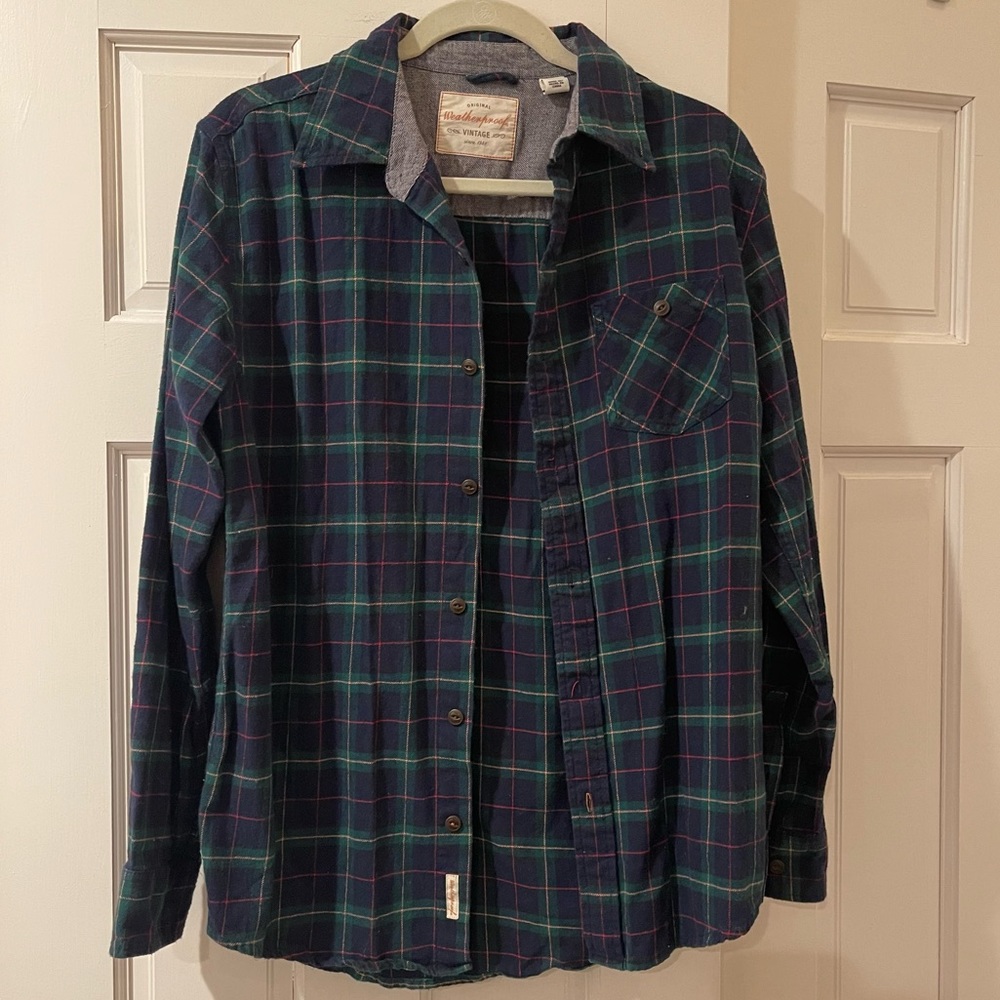 Navy, green, and red flannel.
